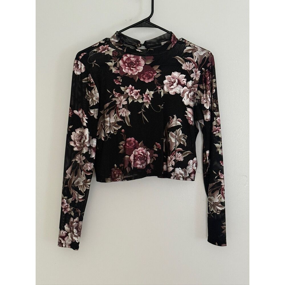 Charlotte Russe Black Sheer Floral Long Sleeve Crop Top